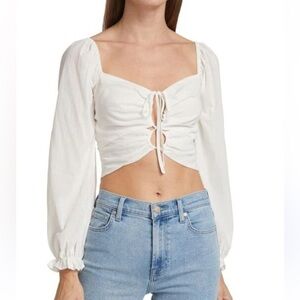Astr The Label Fremont White Puff Sleeve Tie Front Top